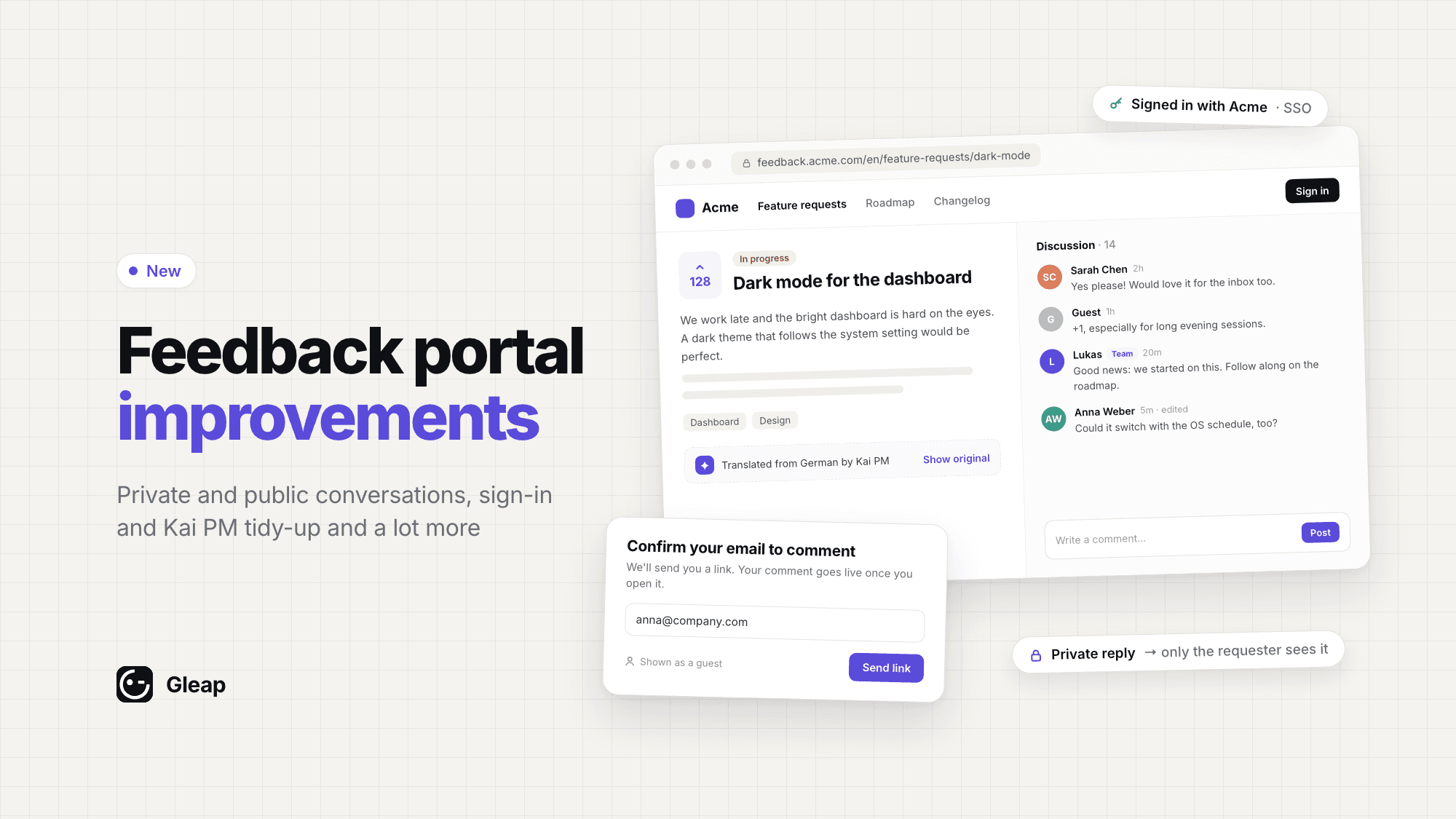 A clearer feedback portal: SSO, email verifications and Kai PM tidy-up