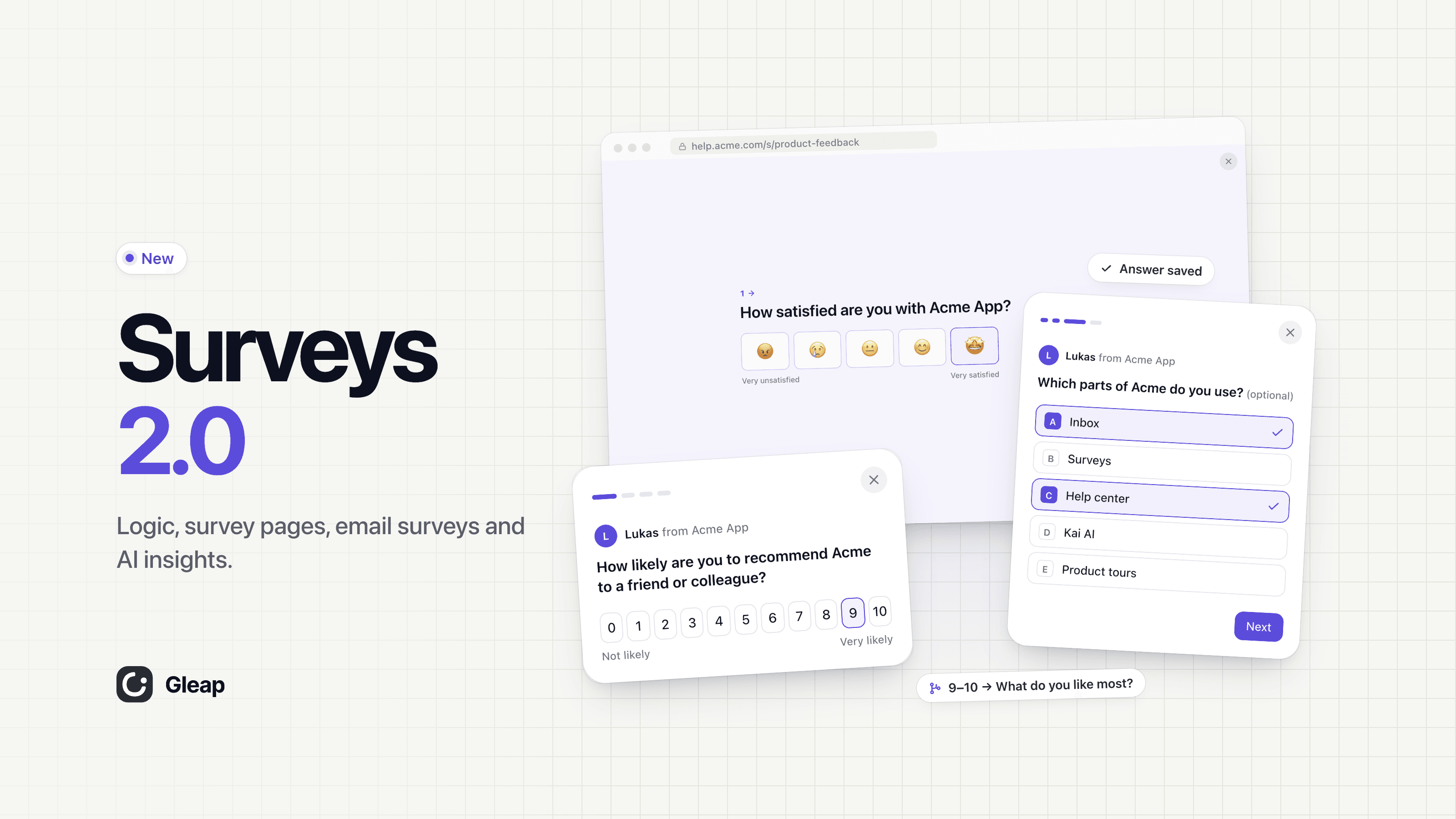 Surveys 2.0: logic, survey pages, email surveys and AI insights