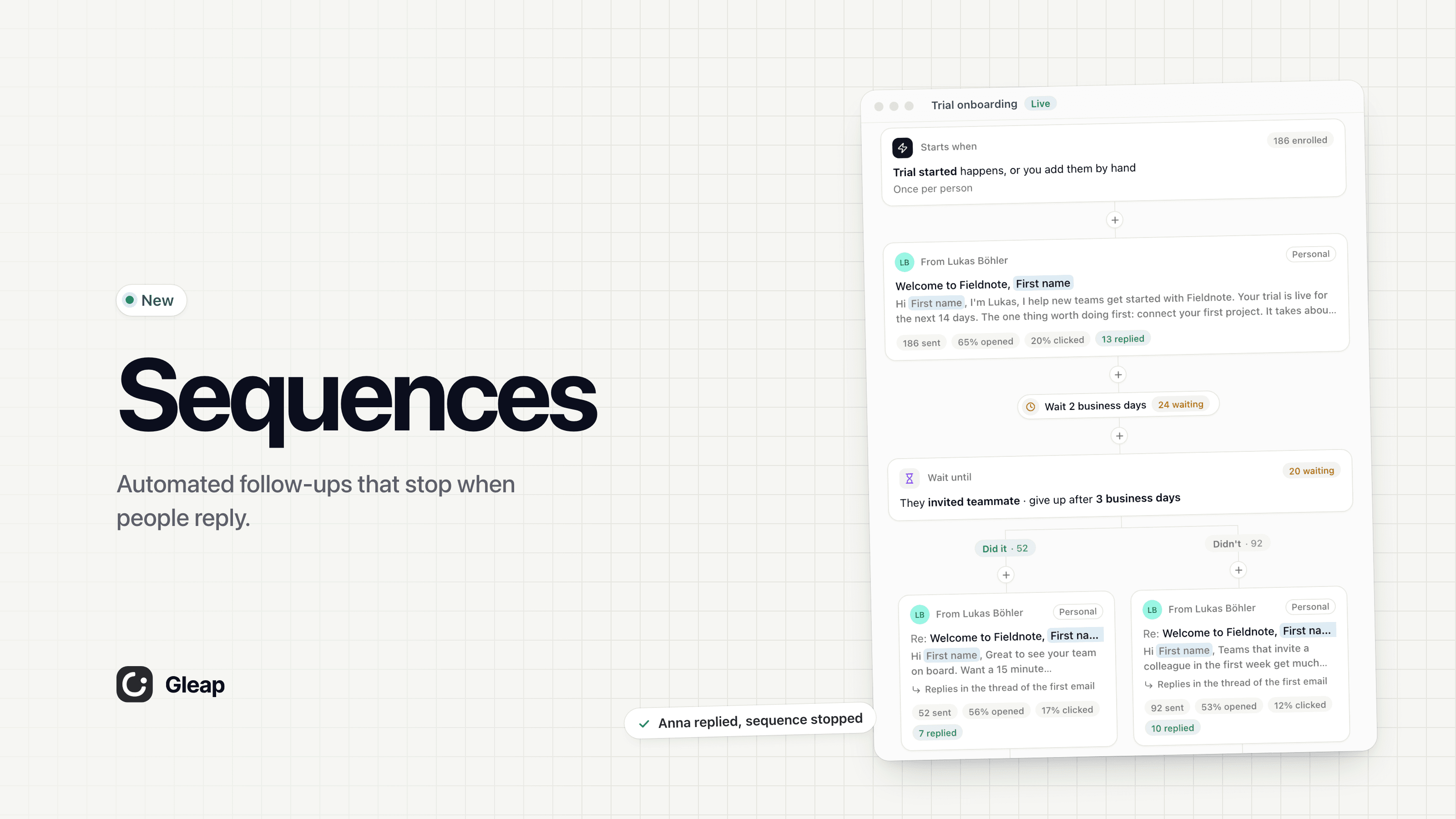 Sequences: multi-step emails and chats that stop when people reply